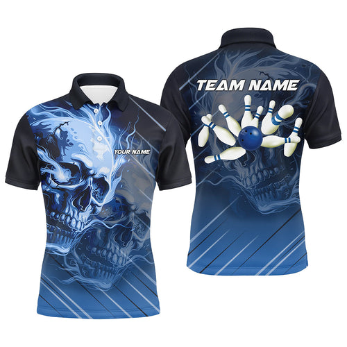 Personalized Skull Bowling Polo, Quarter zip shirts For Men Custom Team Flame Bowler Jerseys | Blue NQS7684