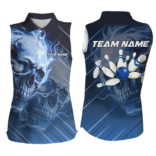 Personalized Skull Bowling sleeveless polo shirts For Women Custom Team Flame Bowler Jerseys | Blue NQS7684