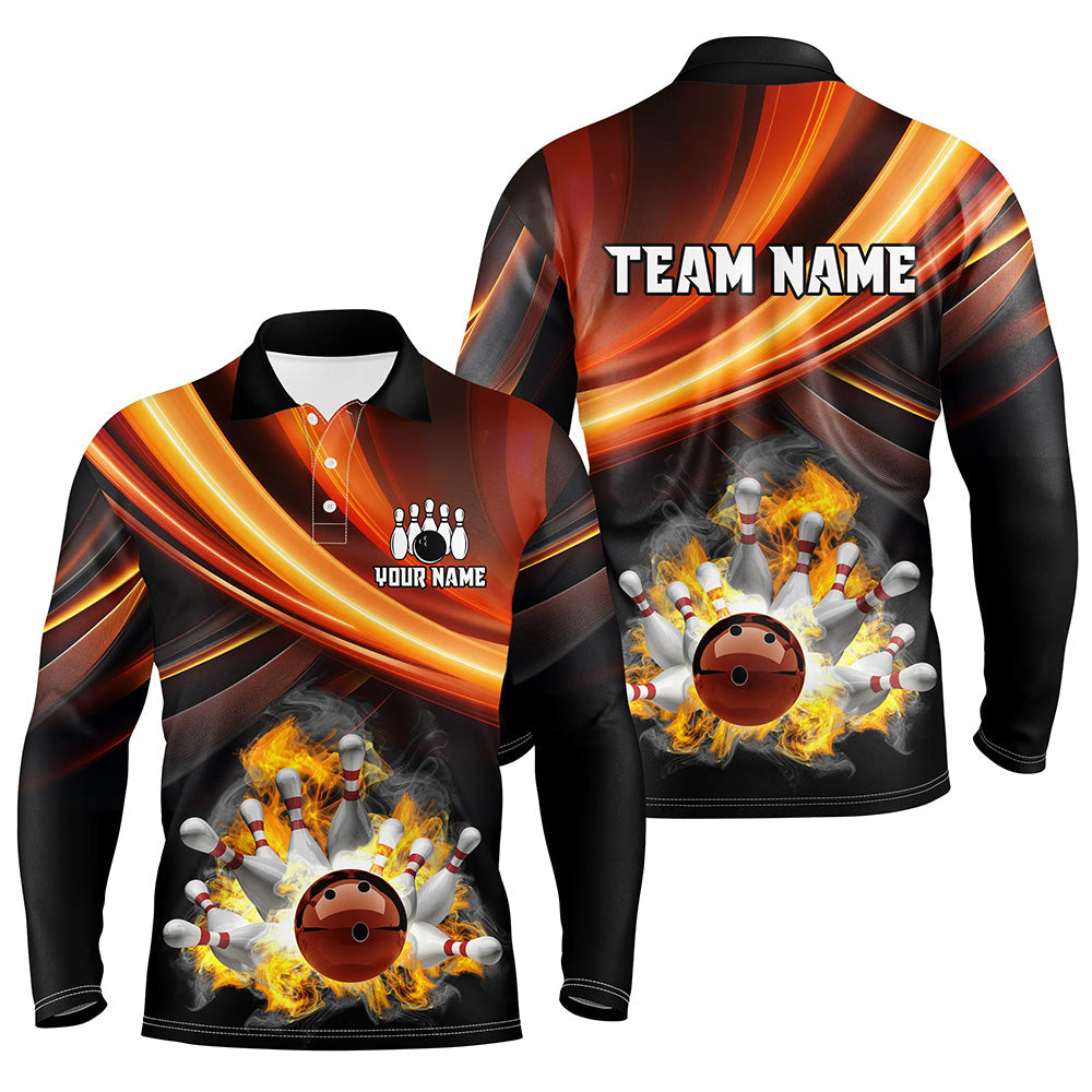 Personalized Black and Orange Smoke Flame Bowling Polo, 1/4 Zip Shirts For Men, cool bowling jerseys NQS8359