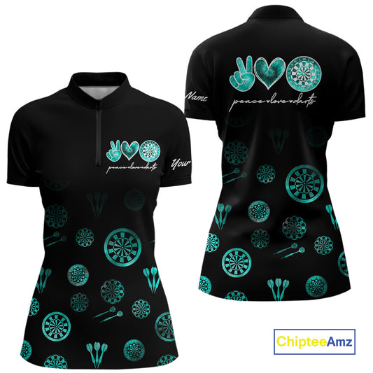 Personalized Turquoise Black Camo Darts Shirts For Women Custom Peace Love Darts Team Jerseys NQS10542