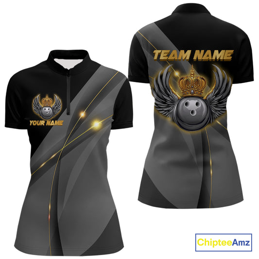 Black and Gold Crown Bowling ball wings Bowling Shirts For Women Custom Bowling Team Outfits NQS10549