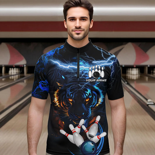 Personalized Blue Lightning Thunder Storm Tiger Bowling Shirts For Men Custom Bowling Team Jerseys NQS9466