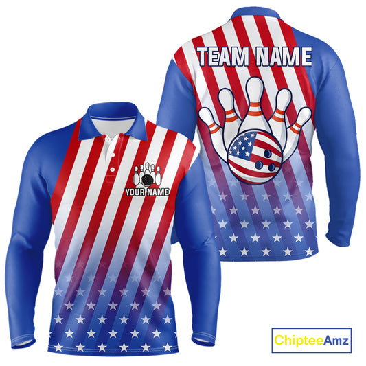 Red, White and Blue US Flag Bowling Shirts for Men Custom Patriotic Bowling Team Jerseys NQS11148