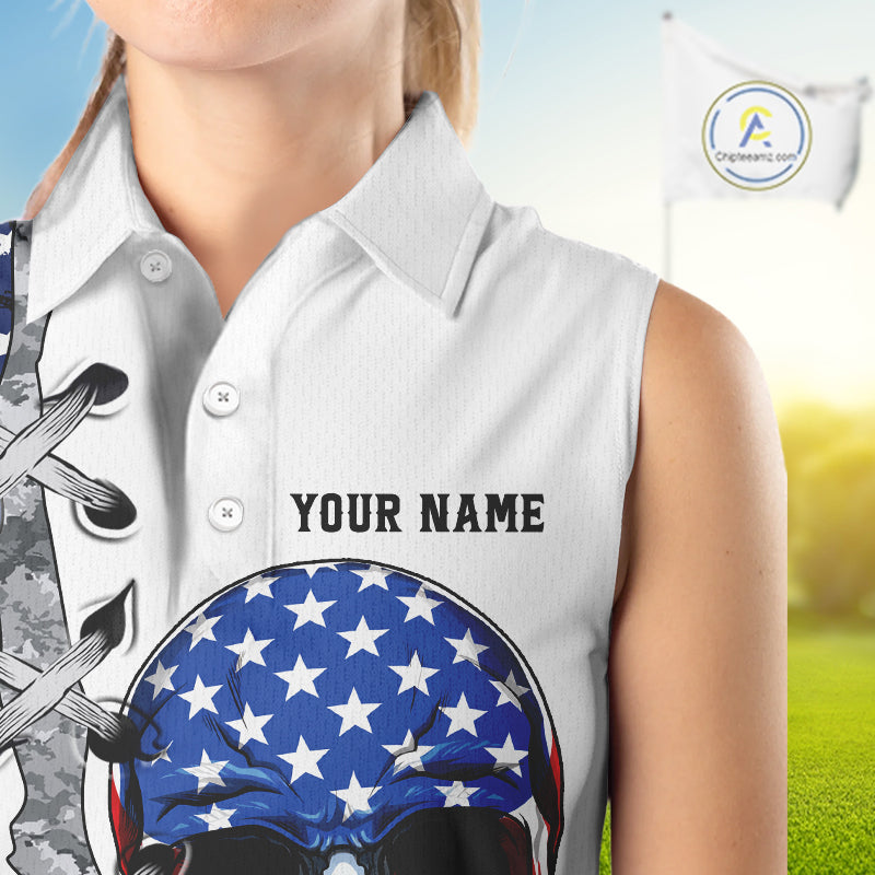American Flag Skull Flame Golf Ball Sleeveless Golf Polo shirt Custom Patriotic golf attire for ladie NQS11695