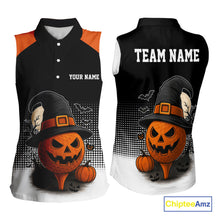 Load image into Gallery viewer, Black & Orange Funny pumpkin Golf Ball Women Sleeveless polo shirt Custom Halloween ladies golf wear NQS10778