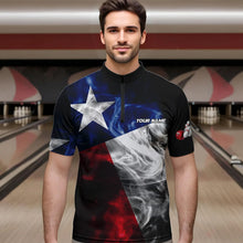 Load image into Gallery viewer, Smoke Texas Flag Black Bowling Polo, Quarter Zip shirt for men Custom patriotic Team bowling jersey NQS9631
