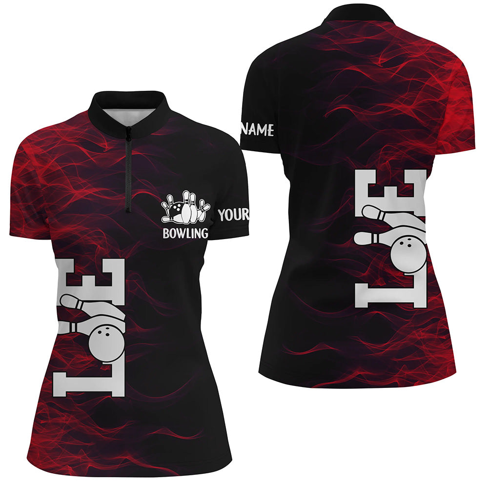 Red Flame Bowling Custom Women Bowling Polo, Quarter zip Shirts Bowling Team Jerseys Tournament NQS8411