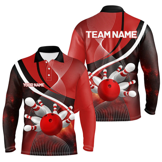 Red Galaxy Men Bowling Polo, Quarter zip Shirts Custom Bowling Team League Jerseys, Gift for bowlers NQS8415