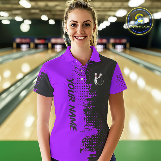 Black and Purple Bowling Polo, Quarter Zip shirts for Women Custom Bowling Team Jerseys NQS10221