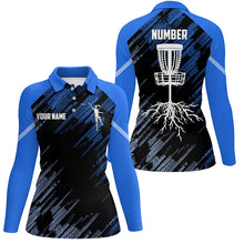 Load image into Gallery viewer, Blue Disc golf basket camo custom name & number Womens polo shirts, ladies disc golf outfit NQS7416