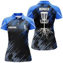 Load image into Gallery viewer, Blue Disc golf basket camo custom name & number Womens polo shirts, ladies disc golf outfit NQS7416