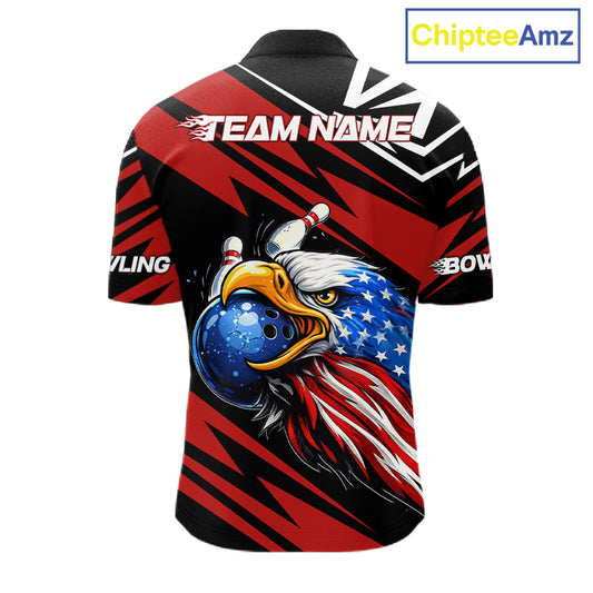 Custom Black and Red Camo American Flag Eagle Bowling shirts for men, patriotic bowling team shirts NQS11609