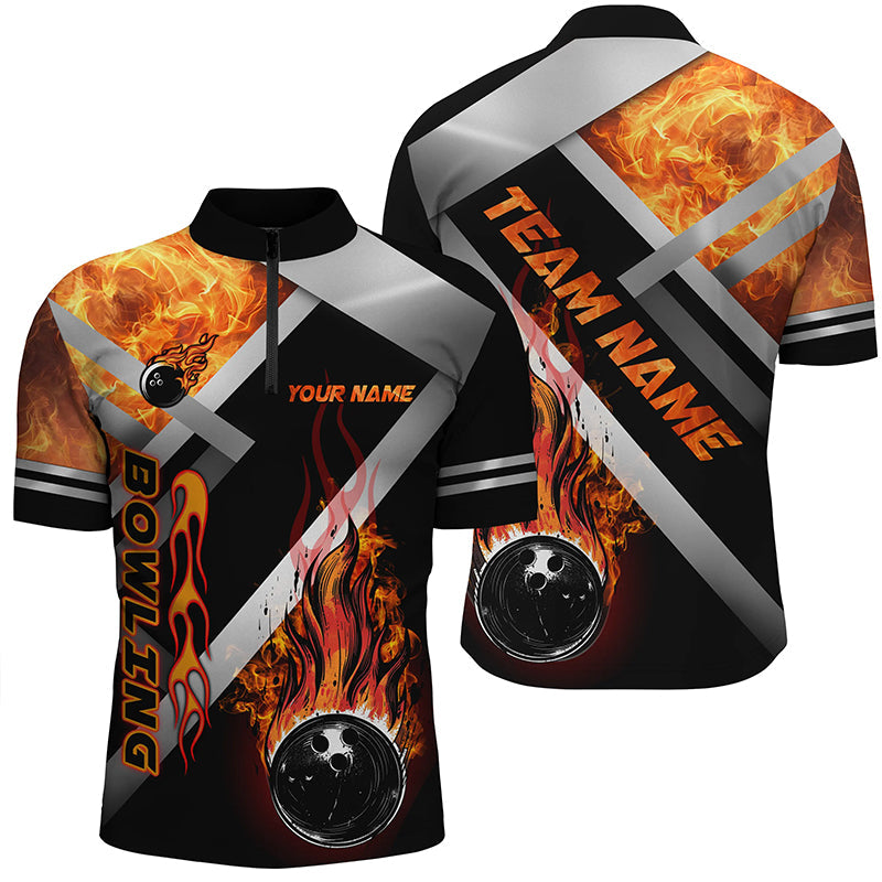 Men bowling Quarter Zip shirt Custom Black bowling ball Flame Bowling Team Jerseys, gift for Bowlers NQS7432