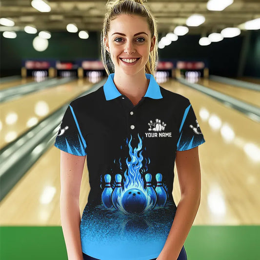 Black and Blue Flame Bowling Polo, Quarter Zip shirts for Women Custom Bowling Team League Jerseys NQS9345