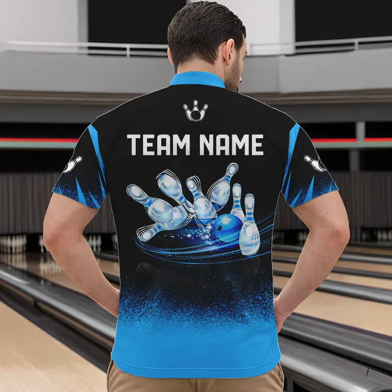 Black and Blue Flame Bowling Polo, Quarter Zip shirts for Men Custom Bowling Team League Jerseys NQS9345