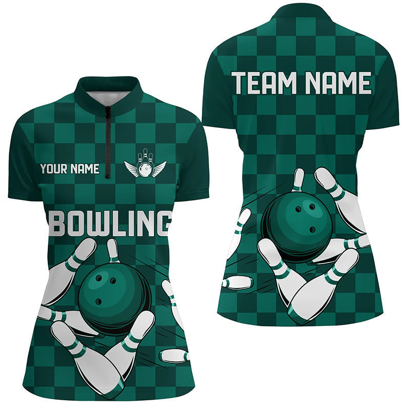 Green checkered Women Bowling Polo, 1/4 Zip Shirt Custom team bowling jerseys, Ladies bowling outfits NQS8436