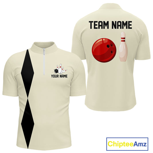 Personalized Retro Bowling Polo, 1/4 Zip Shirts For Men custom vintage bowling team jersey | Beige NQS11015
