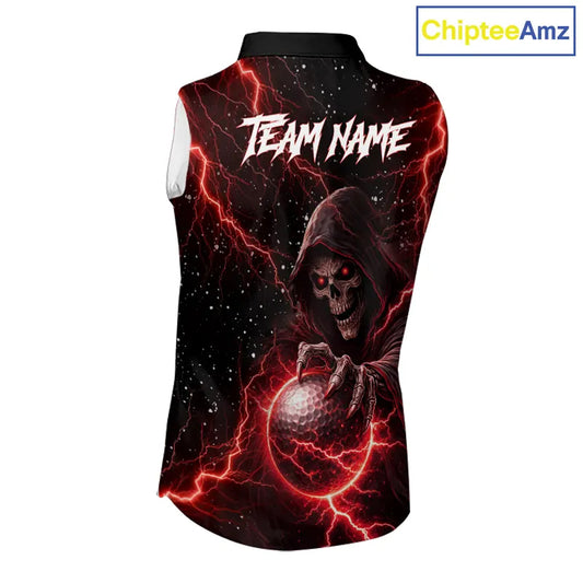 Custom Black And Red Lightning Thunder Skull Reaper Womens Sleeveless Golf Shirt, ladies golf apparel NQS11624