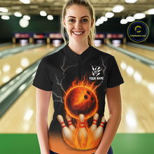 Load image into Gallery viewer, Custom Black and Orange Flame Lightning Bowling Polo, 1/4 Zip Shirt For Women, Team Bowling Outfit NQS10855