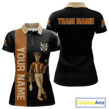 Load image into Gallery viewer, Black and Brown Skull Retro Bowling Polo, Quarter Zip Shirts For Women Custom Team Bowling Jersey NQS10859
