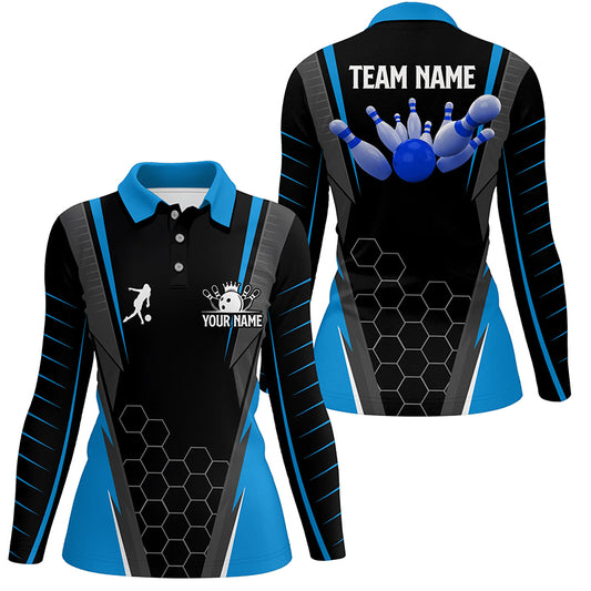 Black Women's Polo Bowling Shirt Custom Name Ladies Bowlers Jersey, team bowling outfits | Blue NQS6133