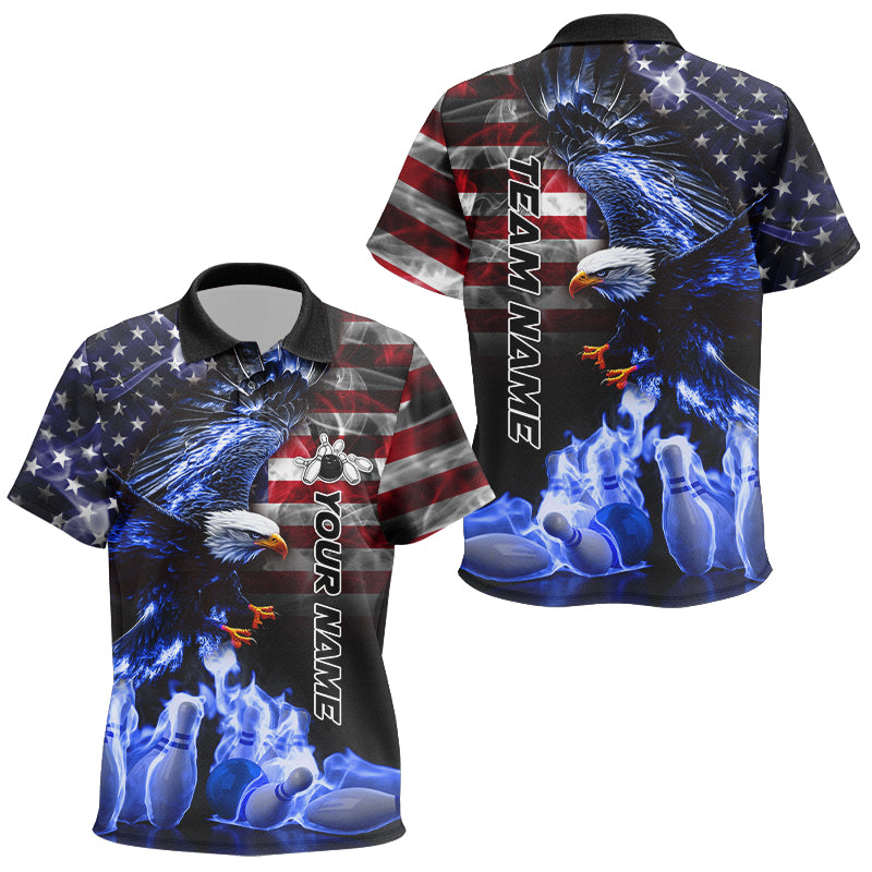 Smoke American Flag Eagle Blue Flame Bowling Shirts for Kid Custom patriotic Team Bowling jerseys NQS10868