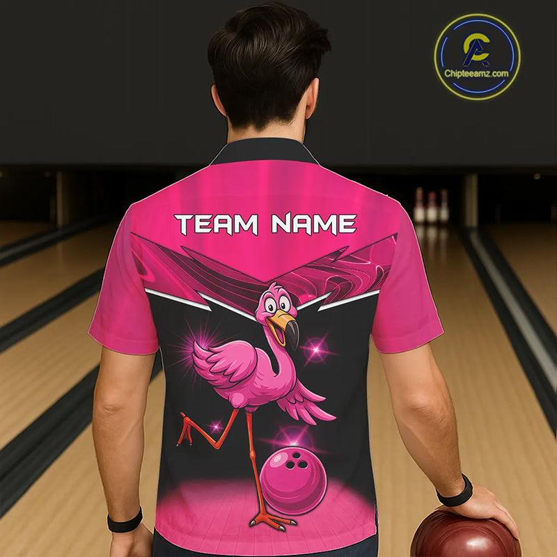 Funny Pink Flamingo Bowling Hawaiian Shirt Custom Flamingo Team bowling button up shirt NQS11248