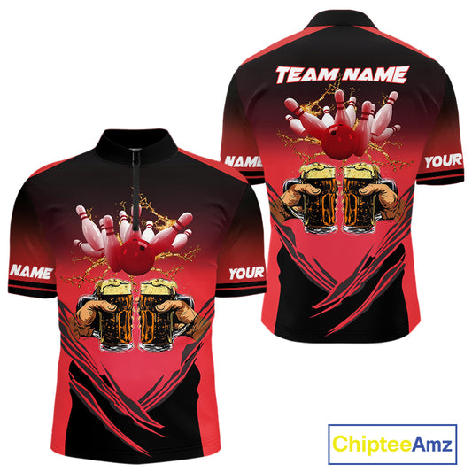 Bowling Beer Black and Red Bowling Polo, 1/4 Quarter zip shirts Custom Mens Team Bowling jerseys NQS10873