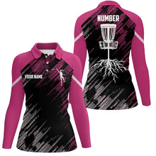 Load image into Gallery viewer, Pink Disc golf basket camo custom name & number Womens polo shirts, ladies disco golf outfit NQS6140