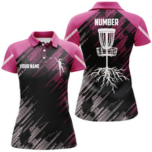 Load image into Gallery viewer, Pink Disc golf basket camo custom name & number Womens polo shirts, ladies disco golf outfit NQS6140