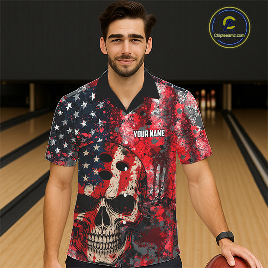 Red, White & Blue American Flag Skull Bowling Hawaiian Shirt Custom patriotic Team Bowling Jersey NQS11275