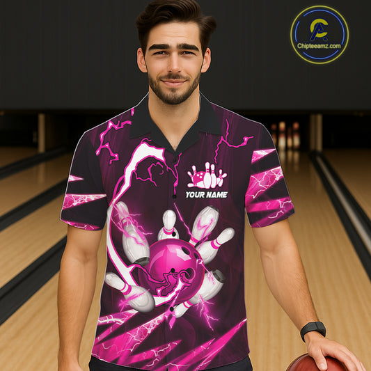 Pink Thunder Lightning bowling ball and pins jersey Custom Team Bowling Hawaiian Shirt NQS11283