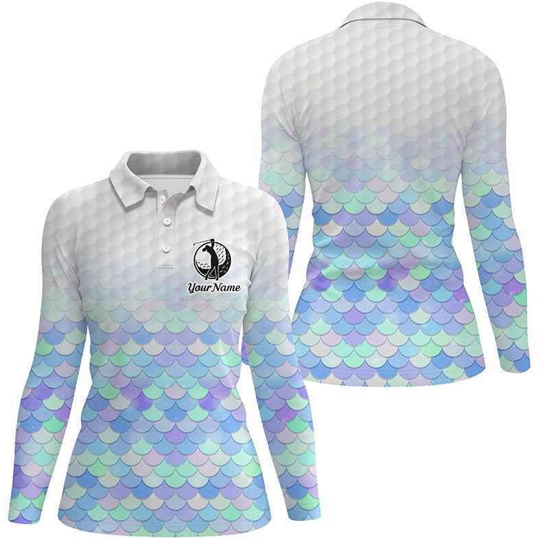 Womens golf polo shirt pastel blue mermaid scales custom name pattern