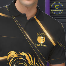 Load image into Gallery viewer, Black and Gold Flame Dragon Bowling Polo, Quarter Zip Shirt for Men Custom Bowling Team League Jersey NQS10904