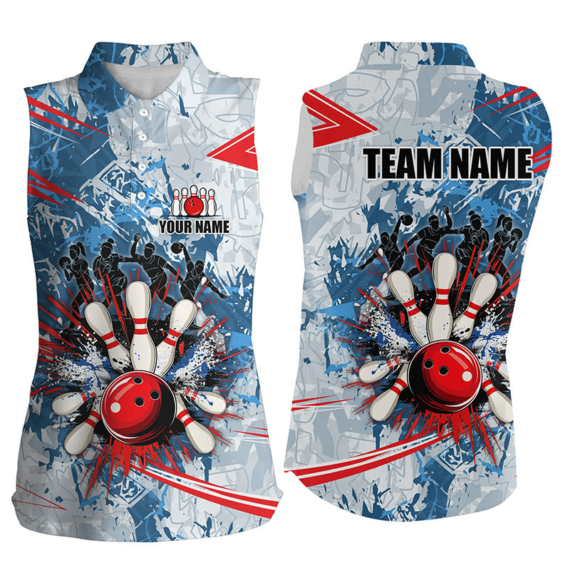 Blue camo Women Sleeveless Polo Shirts Custom bowling team league jerseys, gift for bowlers NQS7869