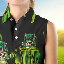 Load image into Gallery viewer, Women sleeveless polos Green clover skull St Patrick's Day golf shirts custom green fire golf apparel NQS7055
