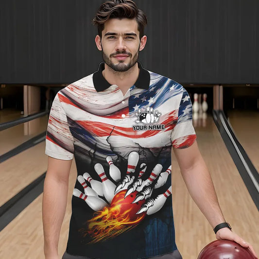 American flag Flame Bowling Polo, Quarter Zip shirts For Men custom patriotic bowling team jersey NQS9416