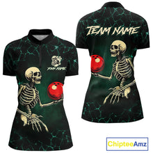 Load image into Gallery viewer, Black and Green Lightning Skull Bowling Polo, Quarter zip shirts For Women Custom Bowling Team Outfit NQS10921