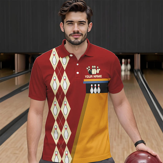 Red & Yellow Retro Bowling Polo, Quarter Zip shirt for Men Custom vintage team bowling jersey NQS9579
