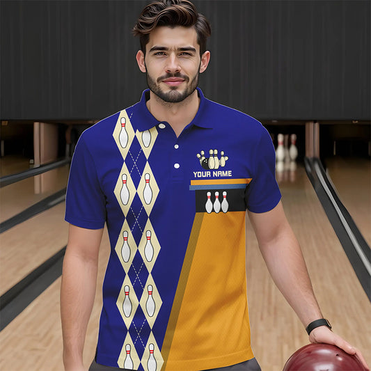 Blue & Yellow Retro Bowling Polo, Quarter Zip shirt for Men Custom vintage team bowling jersey NQS9583