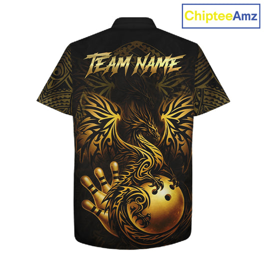 Custom Black And Gold tribal Dragon Bowling Hawaiian Shirt, Dragon Bowling Team Shirts Uniform NQS11534