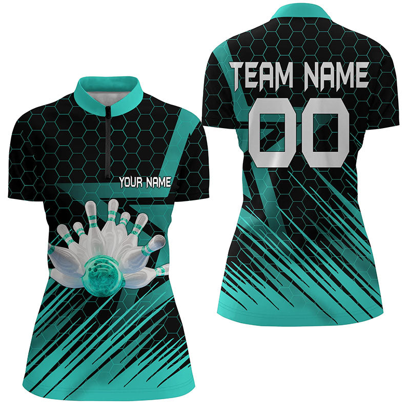 Turquoise Bowling Shirt For women Custom Quarter Zip Bowling Jersey 3D Bowling Team Shirt For women NQS6224
