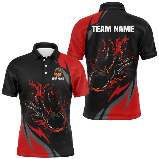 Custom Black And Red Flame Bowling Shirts For Men, Bowling Ball and Pins Team Bowling League Jerseys NQS8346