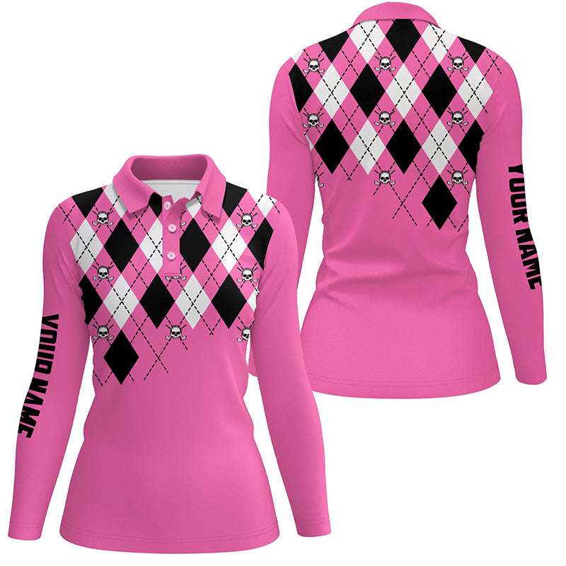 Womens golf polo shirt plus size pink argyle plaid golf skull pattern
