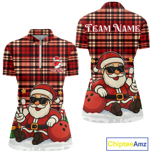 Funny Santa Christmas Bowling shirts for Women Custom Red Plaid bowling outfits for women NQS10957