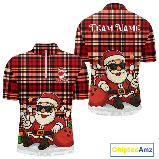 Funny Santa Christmas Bowling Polo, Quarter Zip shirts for men Custom Red Plaid bowling jerseys men NQS10957