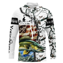 Load image into Gallery viewer, Walleye ice fishing snow camo American Flag Custom Fishing Shirts, Personalized Gifts for Fisherman NQS2901