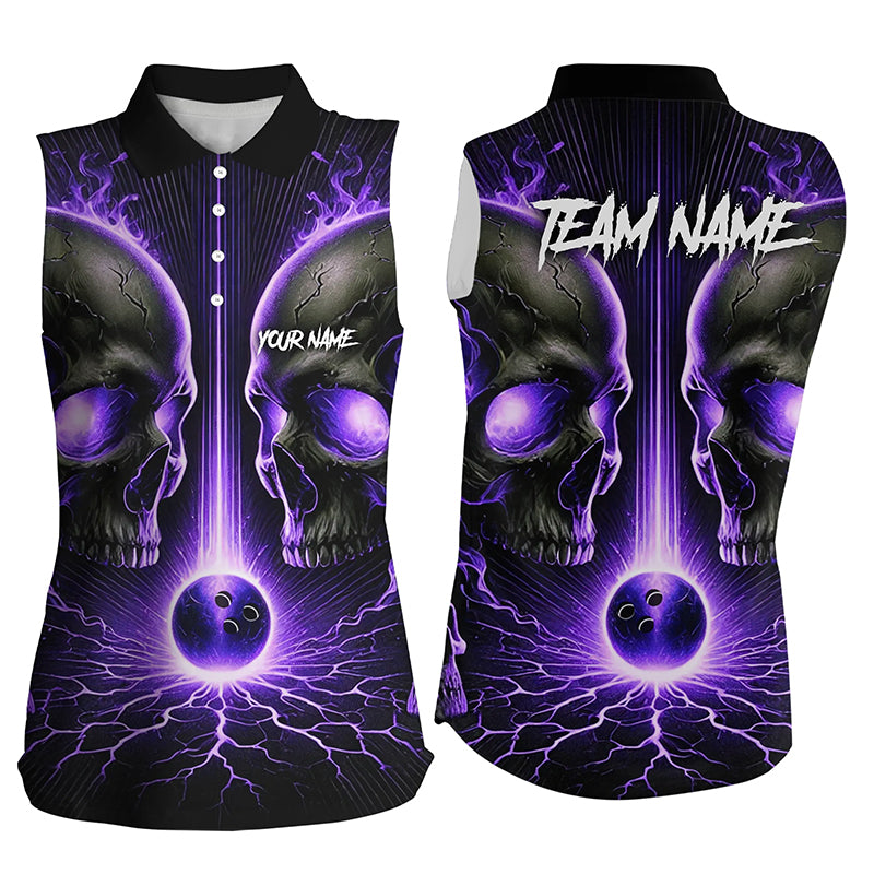 Purple Flame Custom Skull Bowling Sleeveless Polo Shirts For Women, Skull Bowling Team Shirts NQS8373