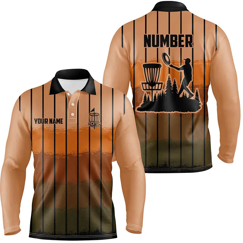 Orange stripe Retro disc golf polo shirts for men custom name and number disc golf jerseys NQS9080