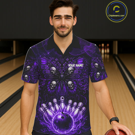Custom Black & Purple bowling jersey Butterfly skull Bowling Team Shirts, button up bowling shirts NQS11367